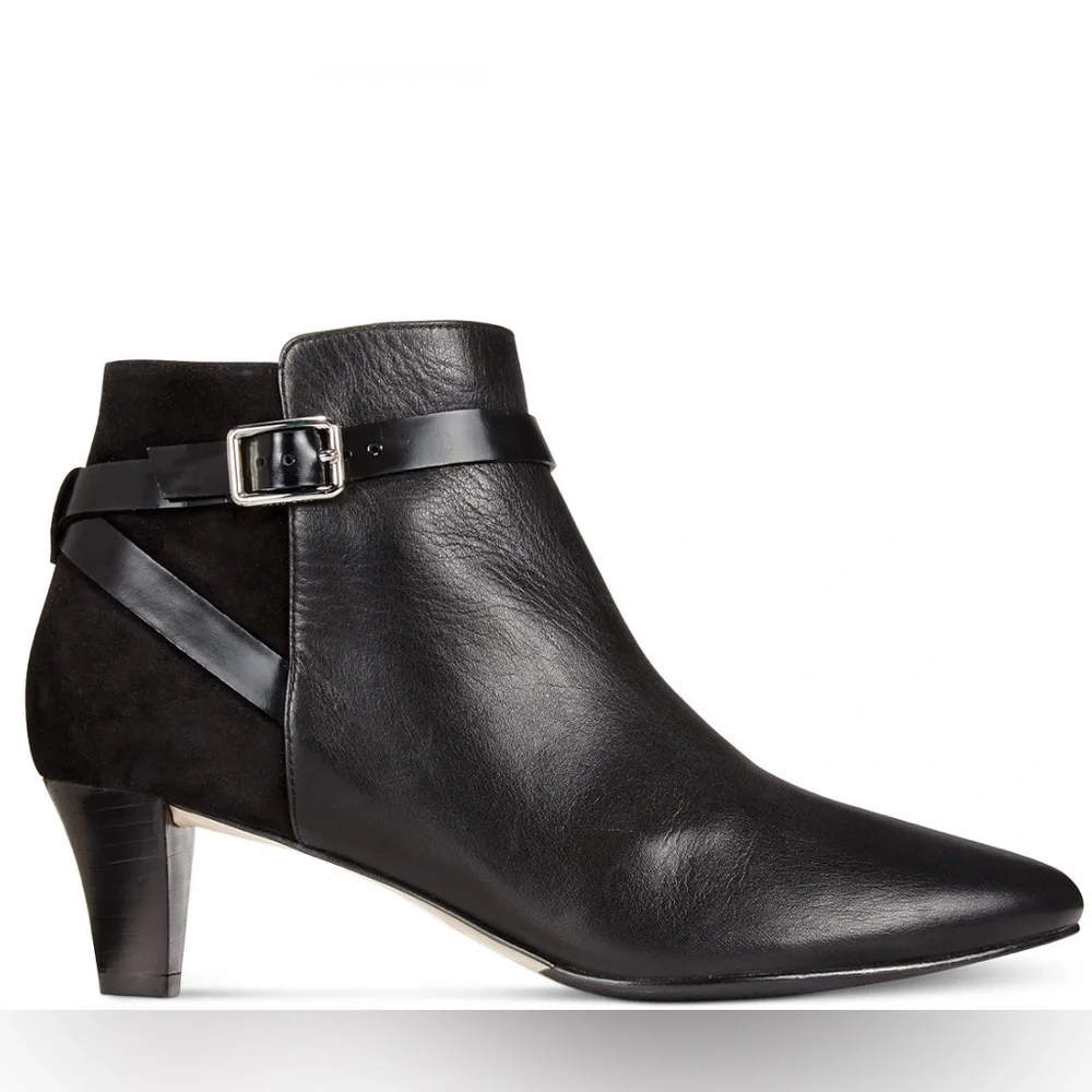Cole Haan Sylvan Black Leather Suede Ankle Booties w Buckled Belt Hardware